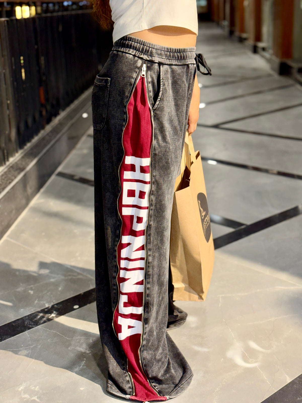 Washed Wide Leg Side Zip Track Pants – Hidden Burgundy Panel