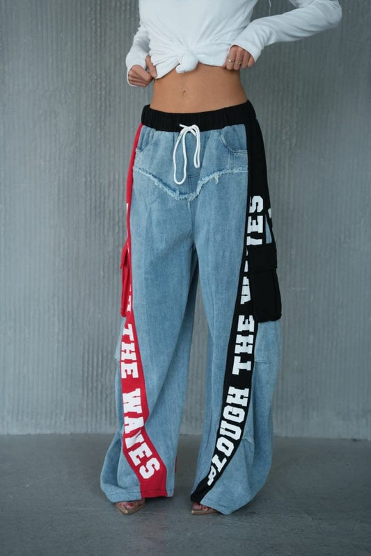 Premium Denim Panel Wide Leg Cargo Pants – Red & Black Contrast Edition