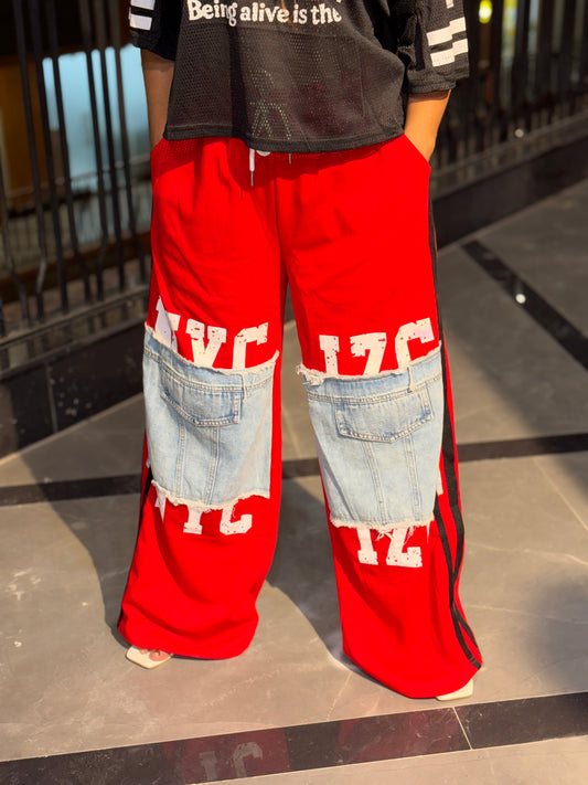 Luxe Patchwork Wide Leg Funky Track Pants – Red