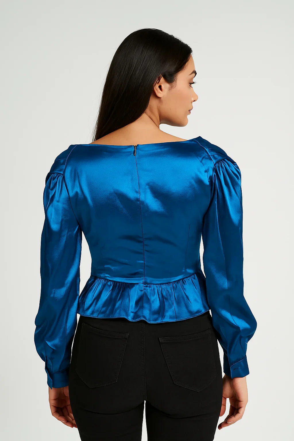 Women's Shiny Teal Blue Satin Peplum Top - Luxestyle