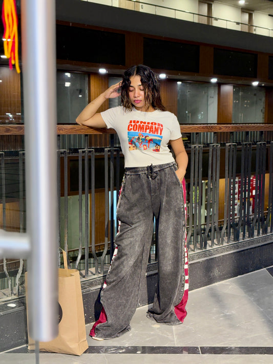 Washed Wide Leg Side Zip Track Pants – Hidden Burgundy Panel