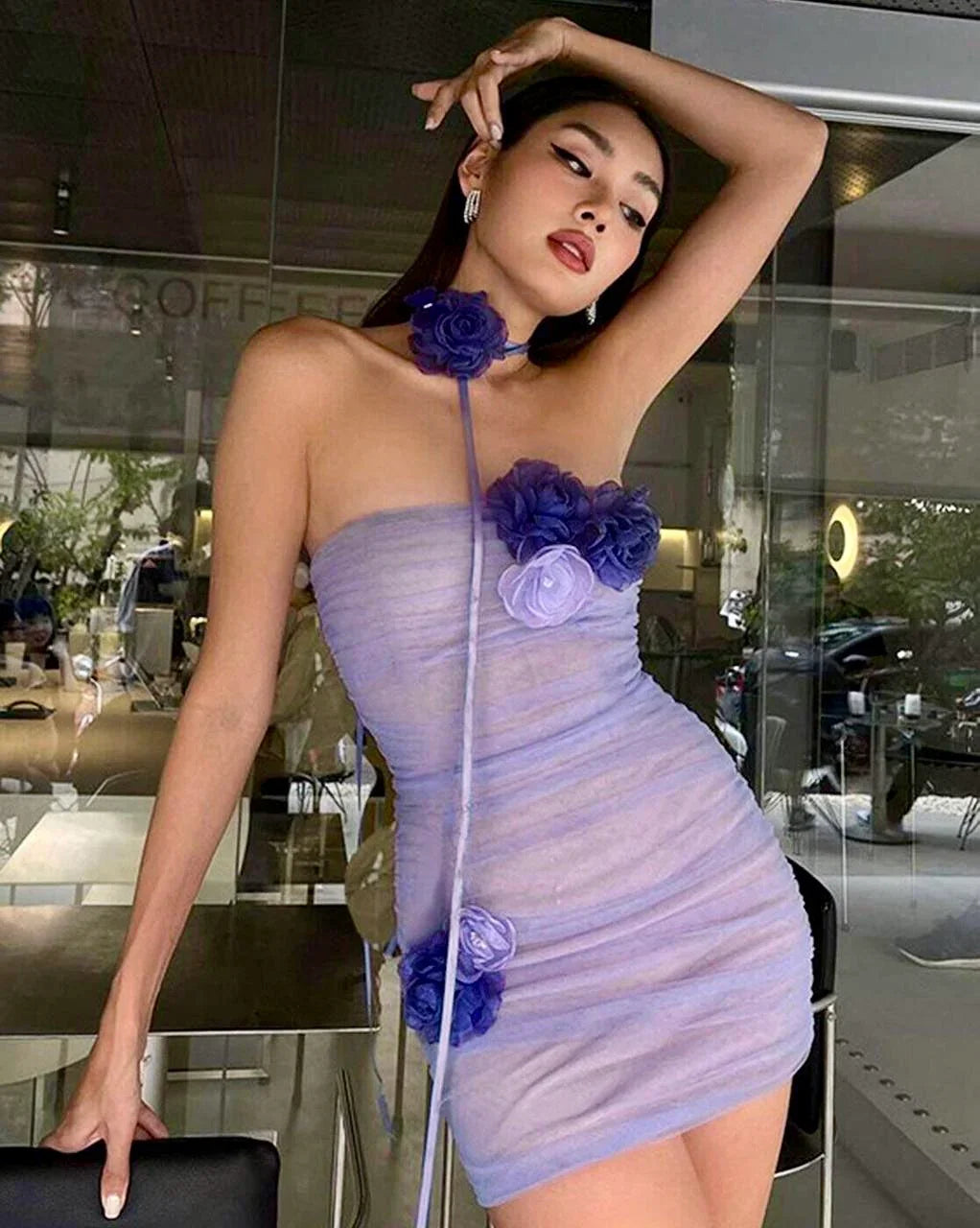 Lilac Mesh Bodycon Mini Dress with 3D Floral Appliqué - Luxestyle