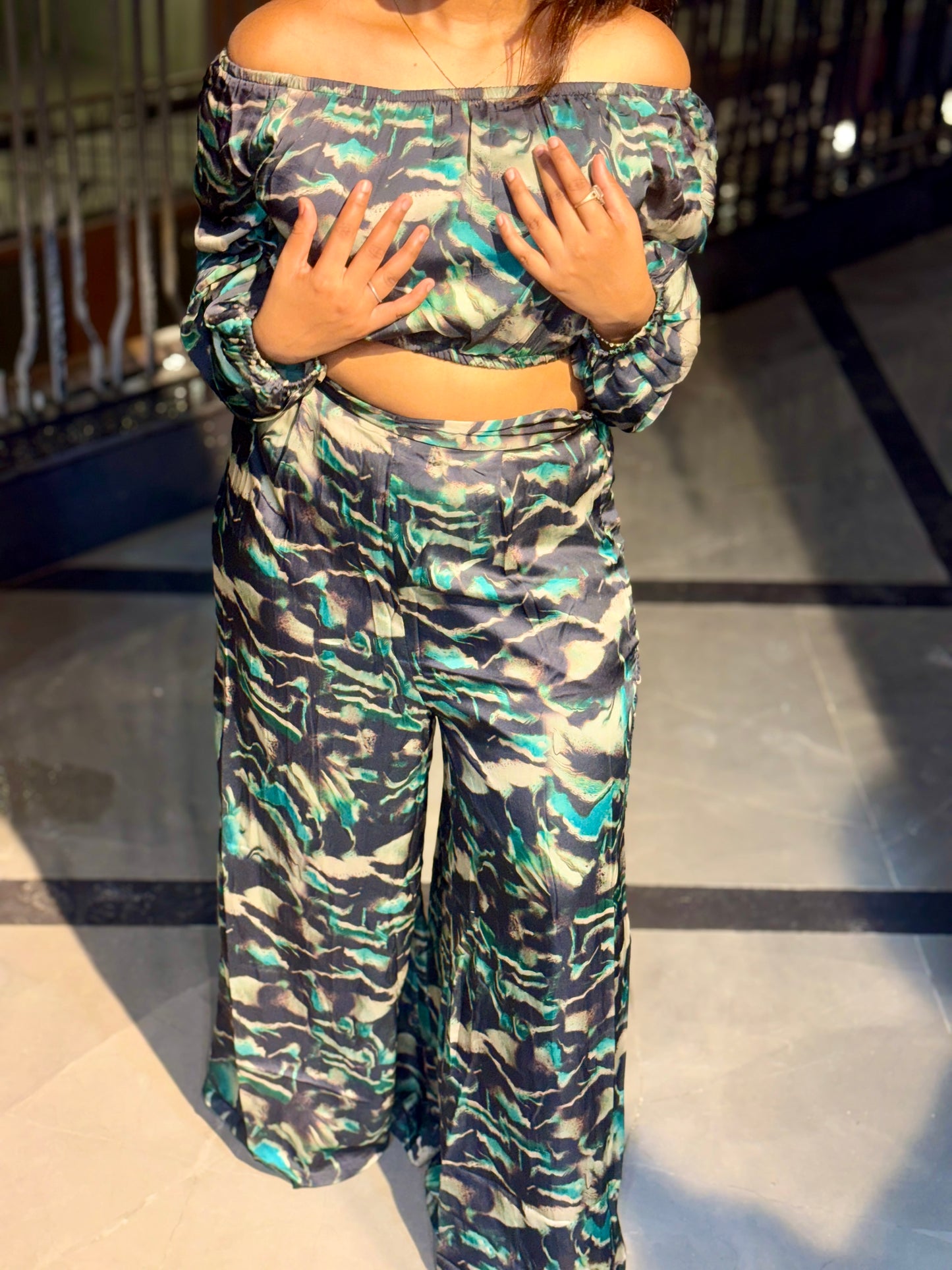 Luxe Sunset Off-Shoulder Printed Co-Ord Set