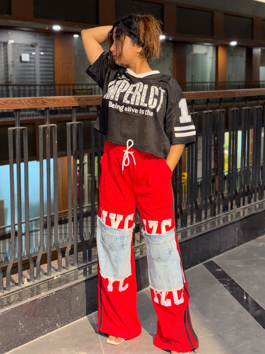 Luxe Patchwork Wide Leg Funky Track Pants – Red