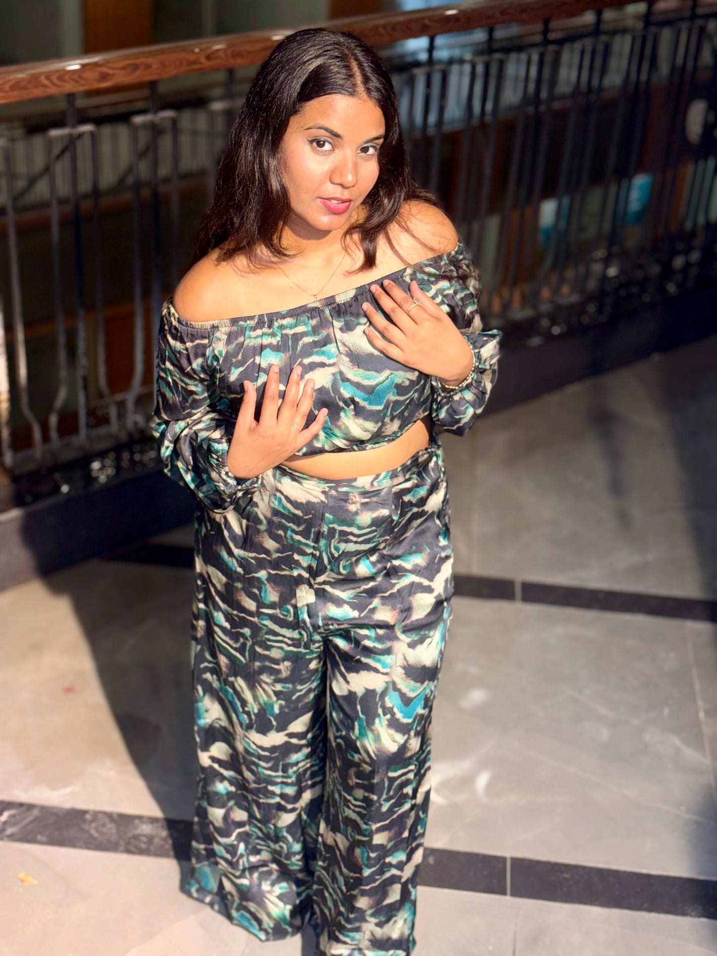 Luxe Sunset Off-Shoulder Printed Co-Ord Set