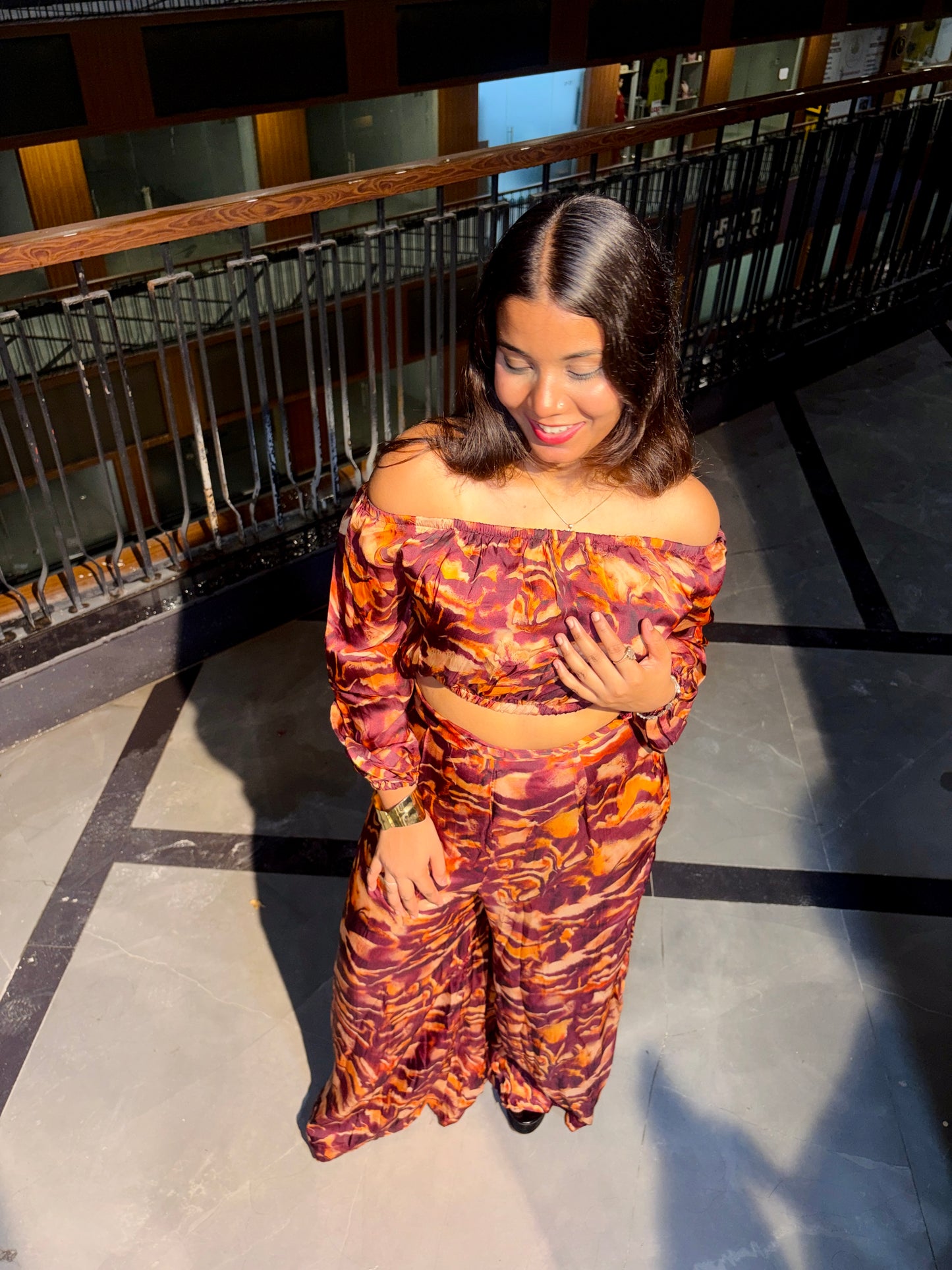 Luxe Sunset Off-Shoulder Printed Co-Ord Set