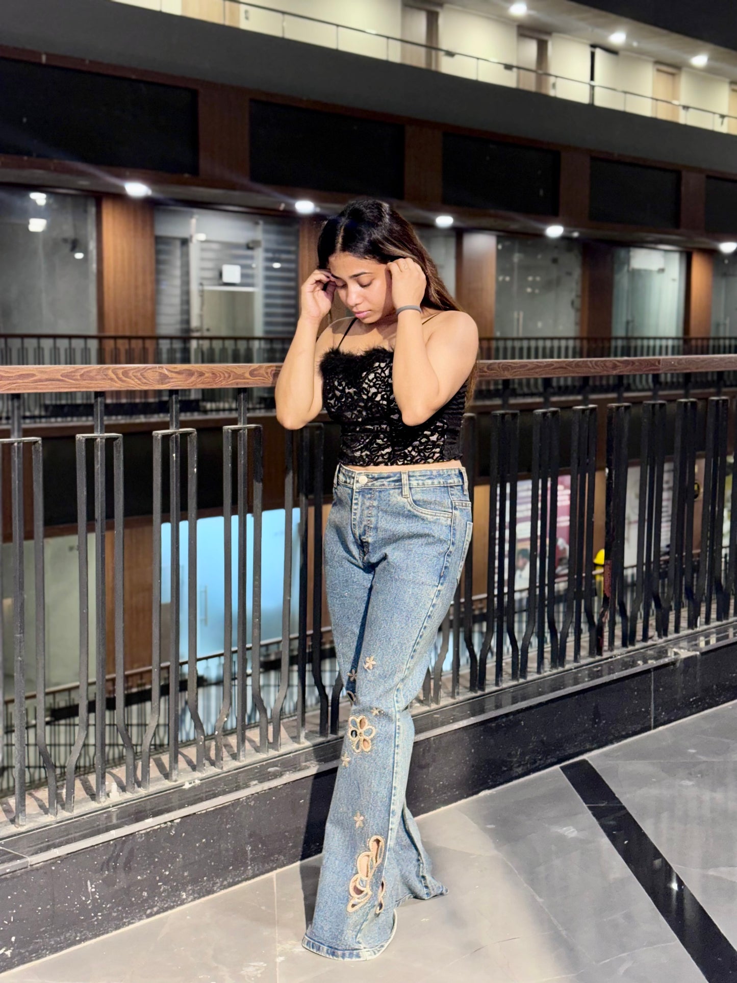 Luxe Black Feather Lace Top & Floral Denim Combo