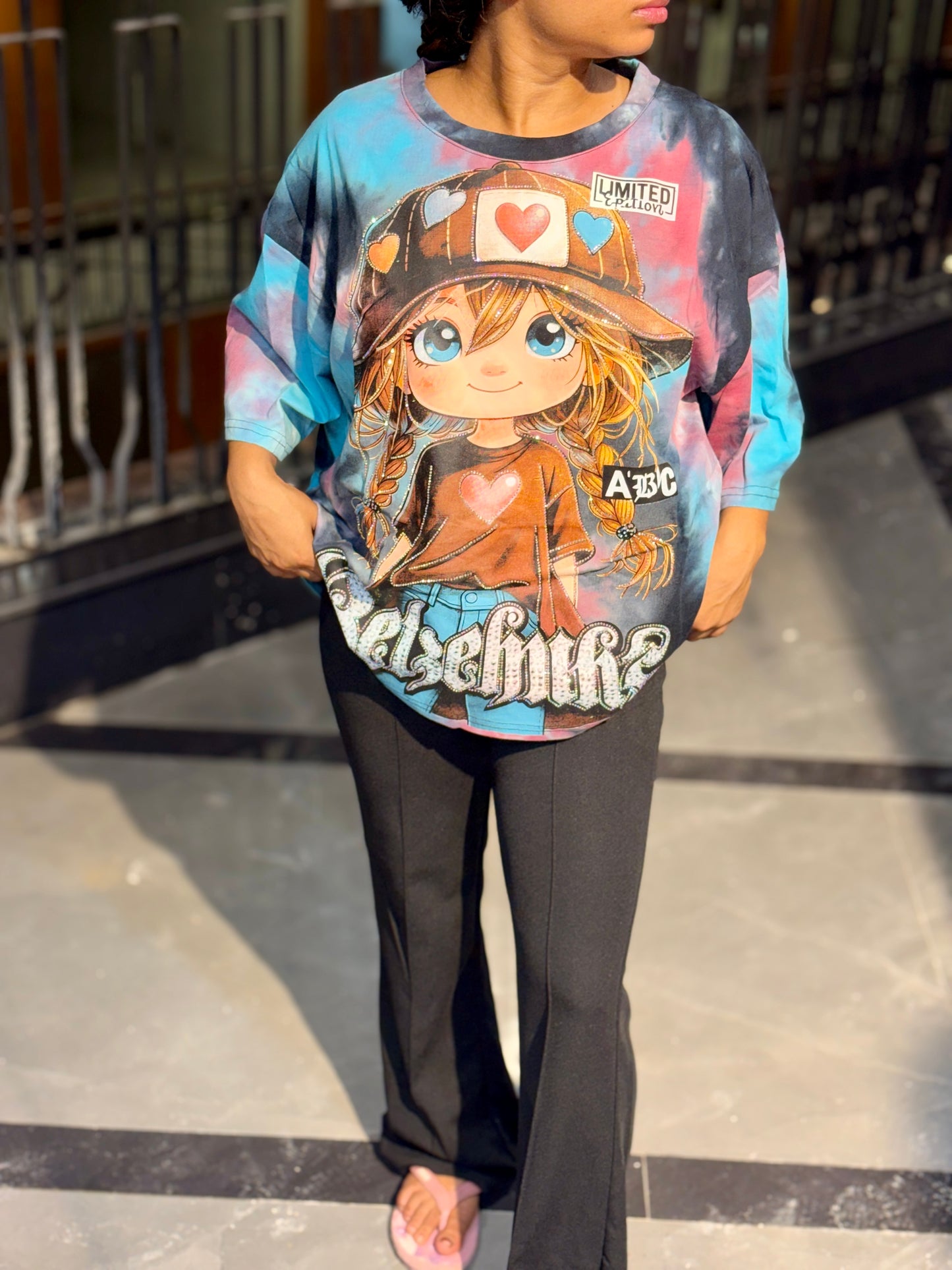 Luxe Cartoon Oversized Graphic Tee – Blue
