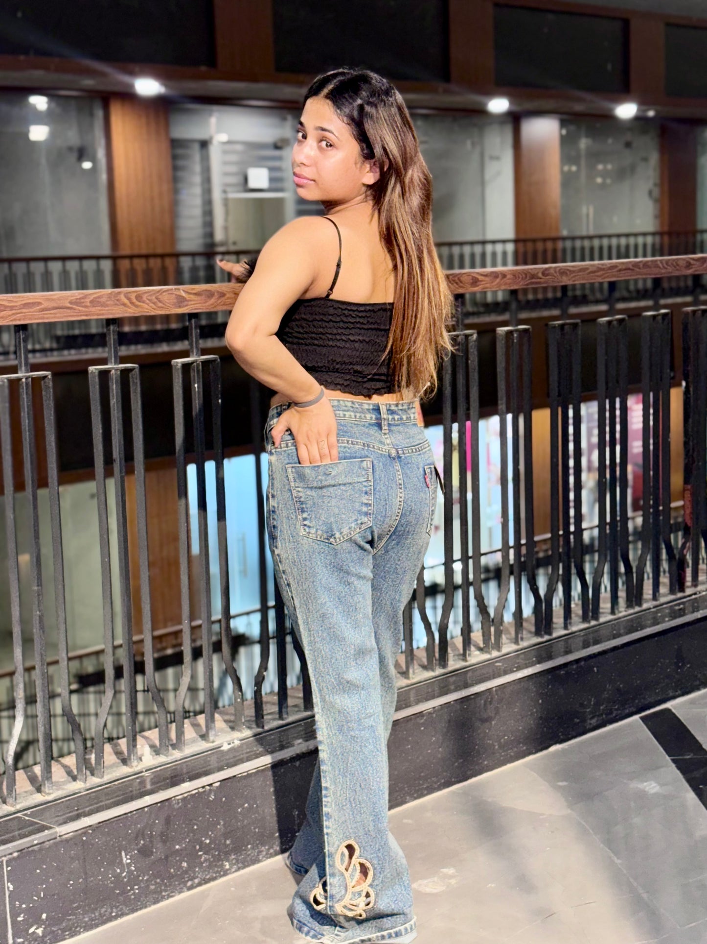 Luxe Black Feather Lace Top & Floral Denim Combo