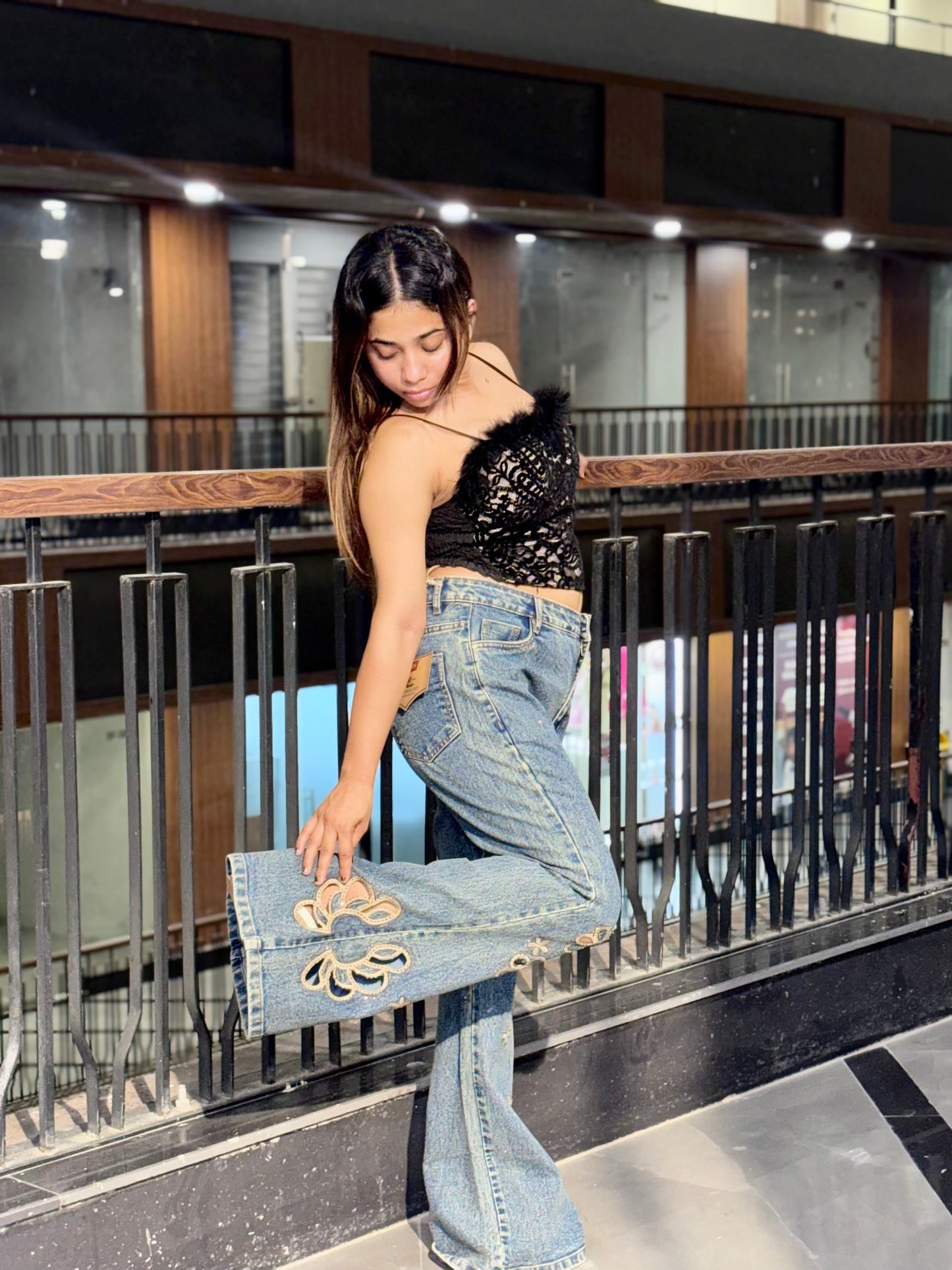 Luxe Black Feather Lace Top & Floral Denim Combo