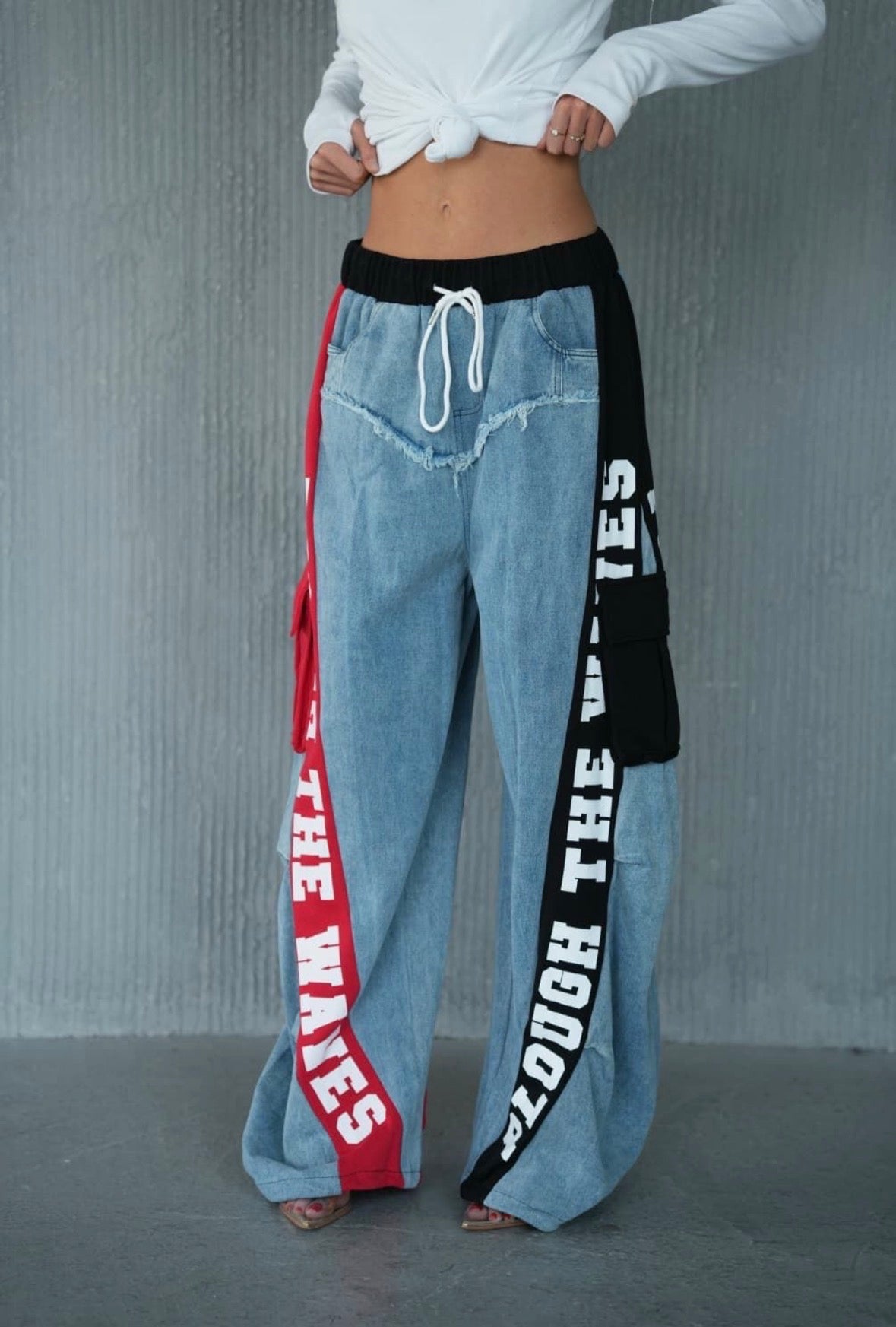 Premium Denim Panel Wide Leg Cargo Pants – Red & Black Contrast Edition