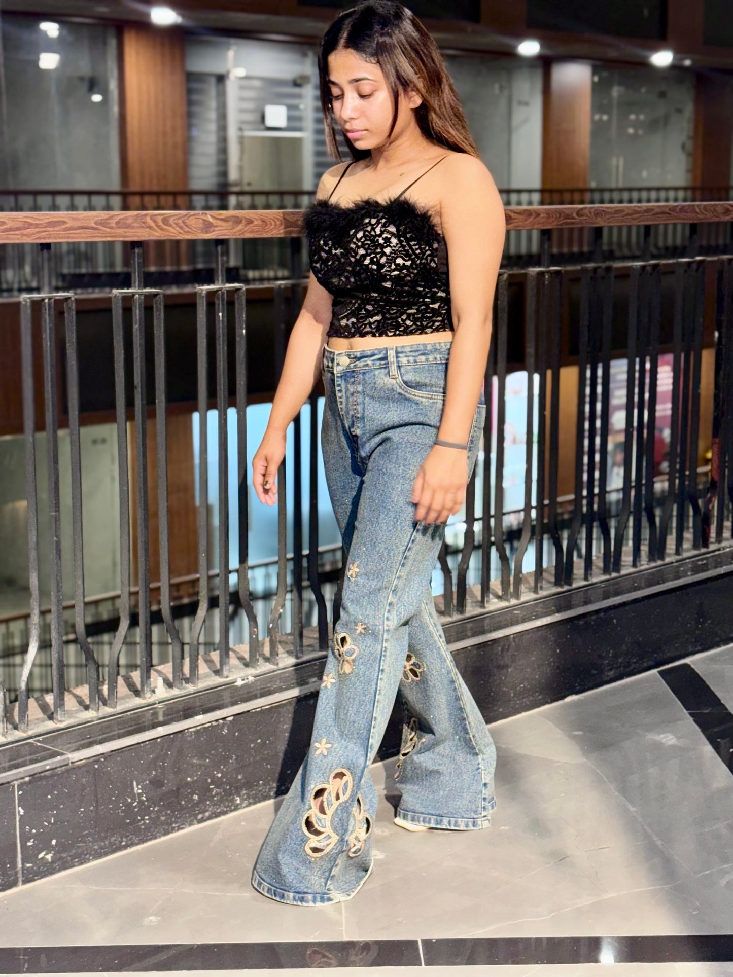 Luxe Black Feather Lace Top & Floral Denim Combo