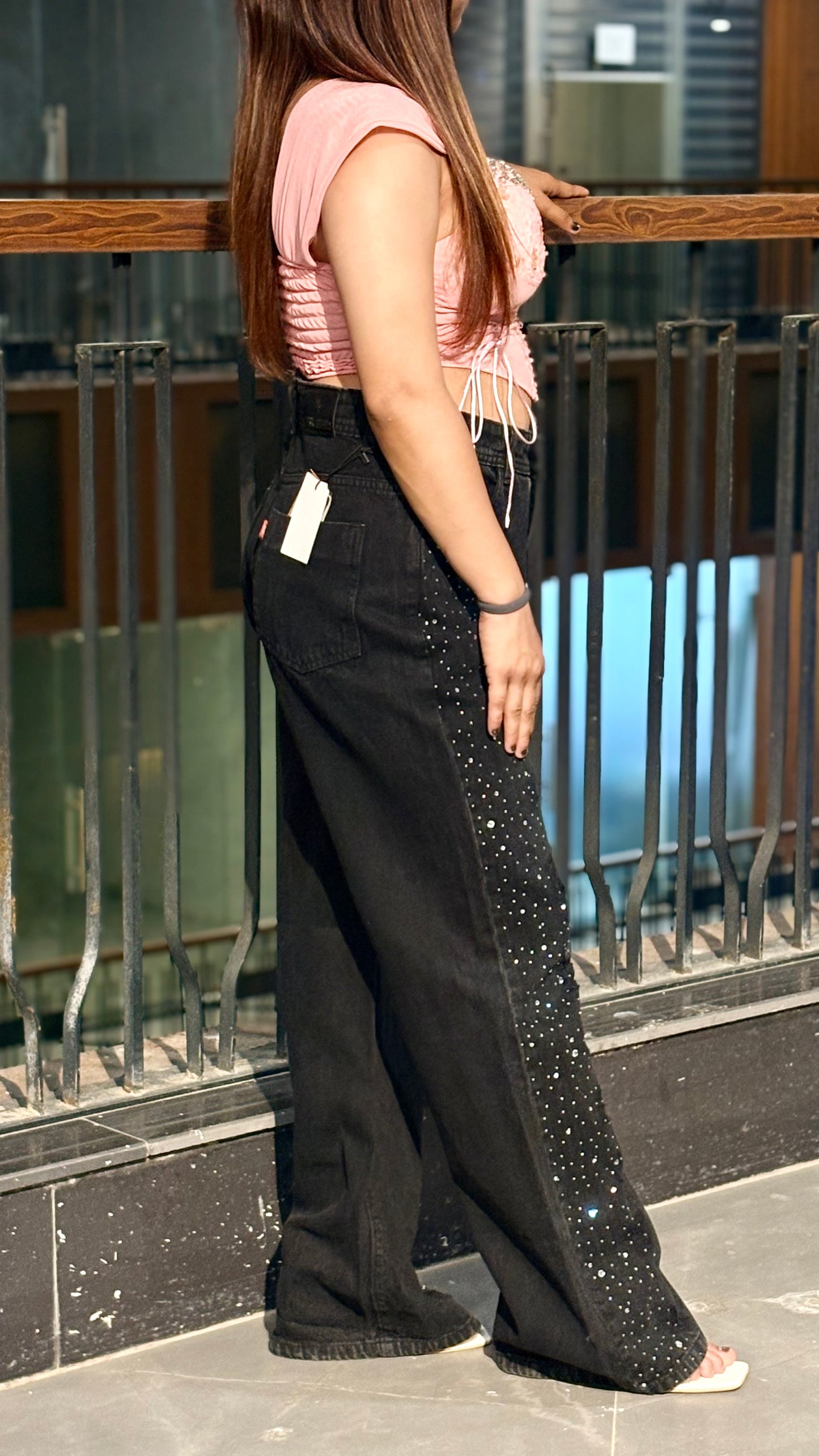 Luxe Blush Corset & Black Rhinestone Jeans Combo