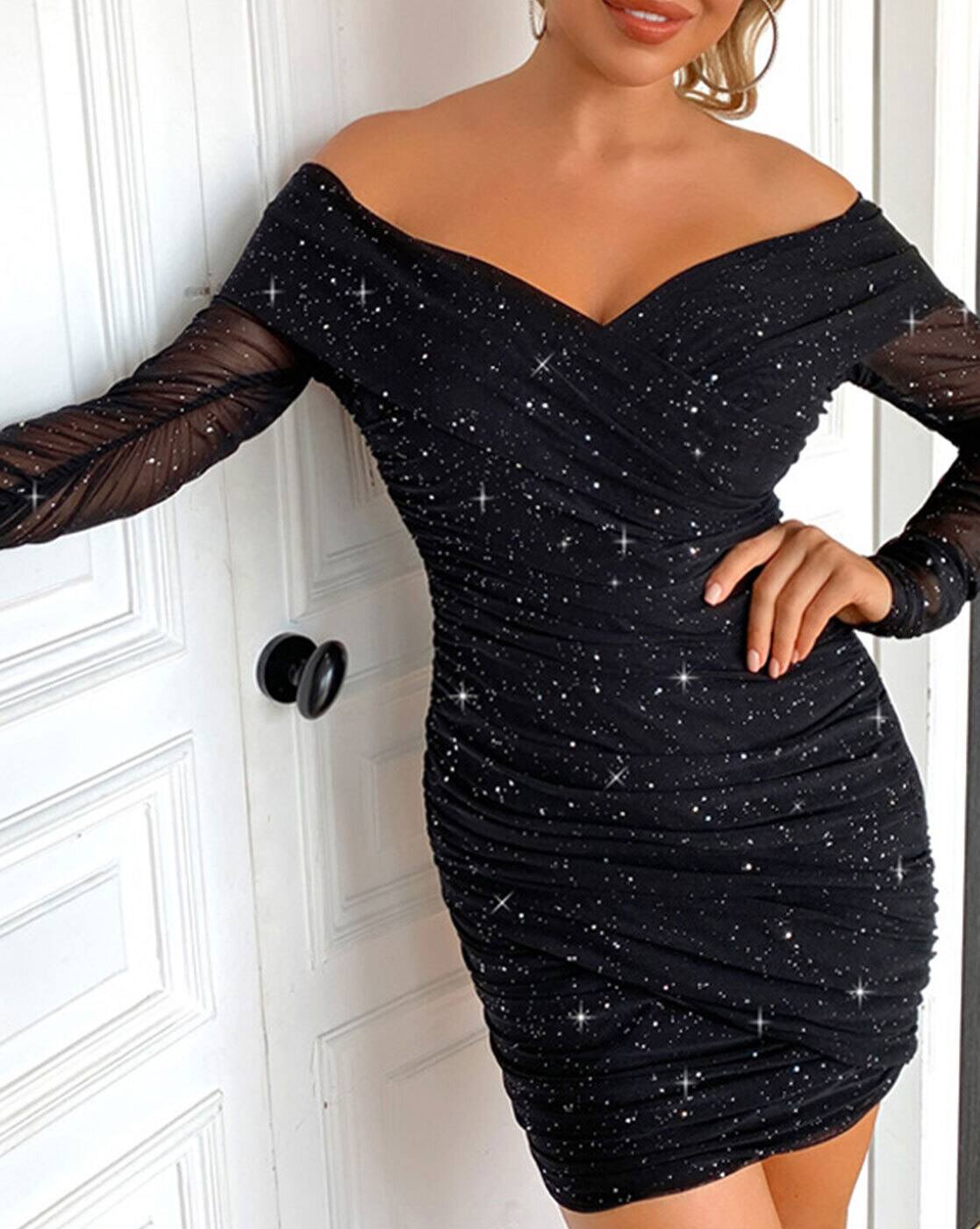 Luxe Midnight Stardust Ruched Mini Dress
