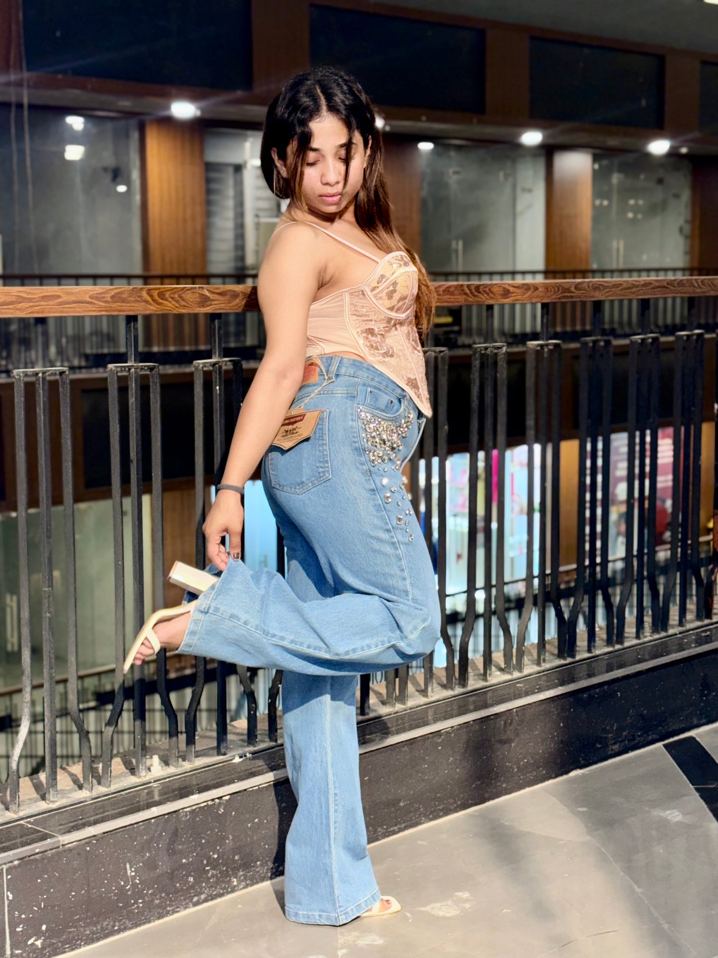 Luxe Rhinestone Denim Jeans with Lace Corset