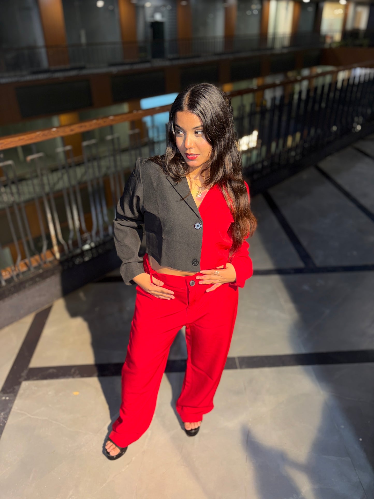 Two-Tone Blazer Top & Red Pants Co-Ord Set