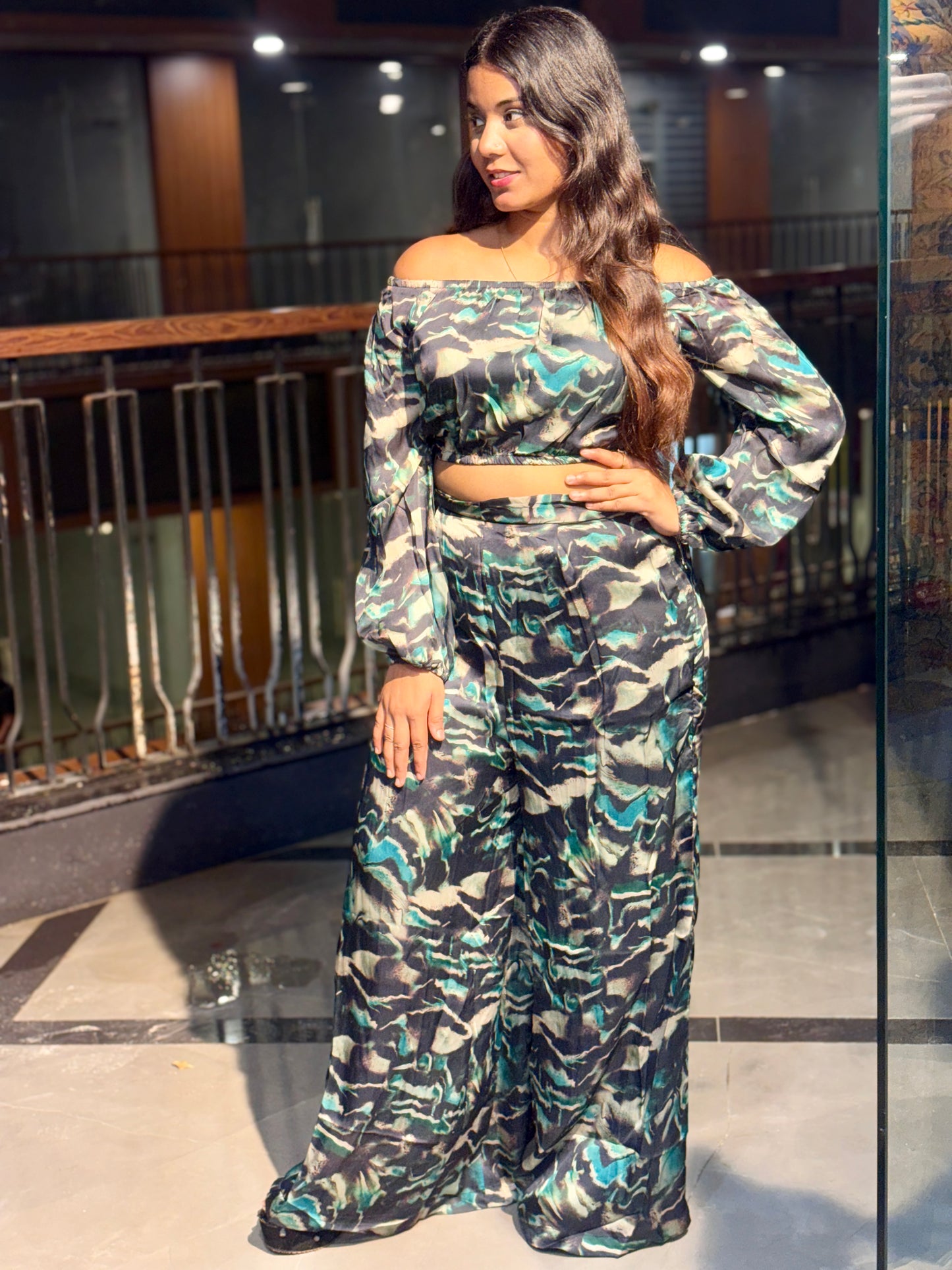 Luxe Sunset Off-Shoulder Printed Co-Ord Set