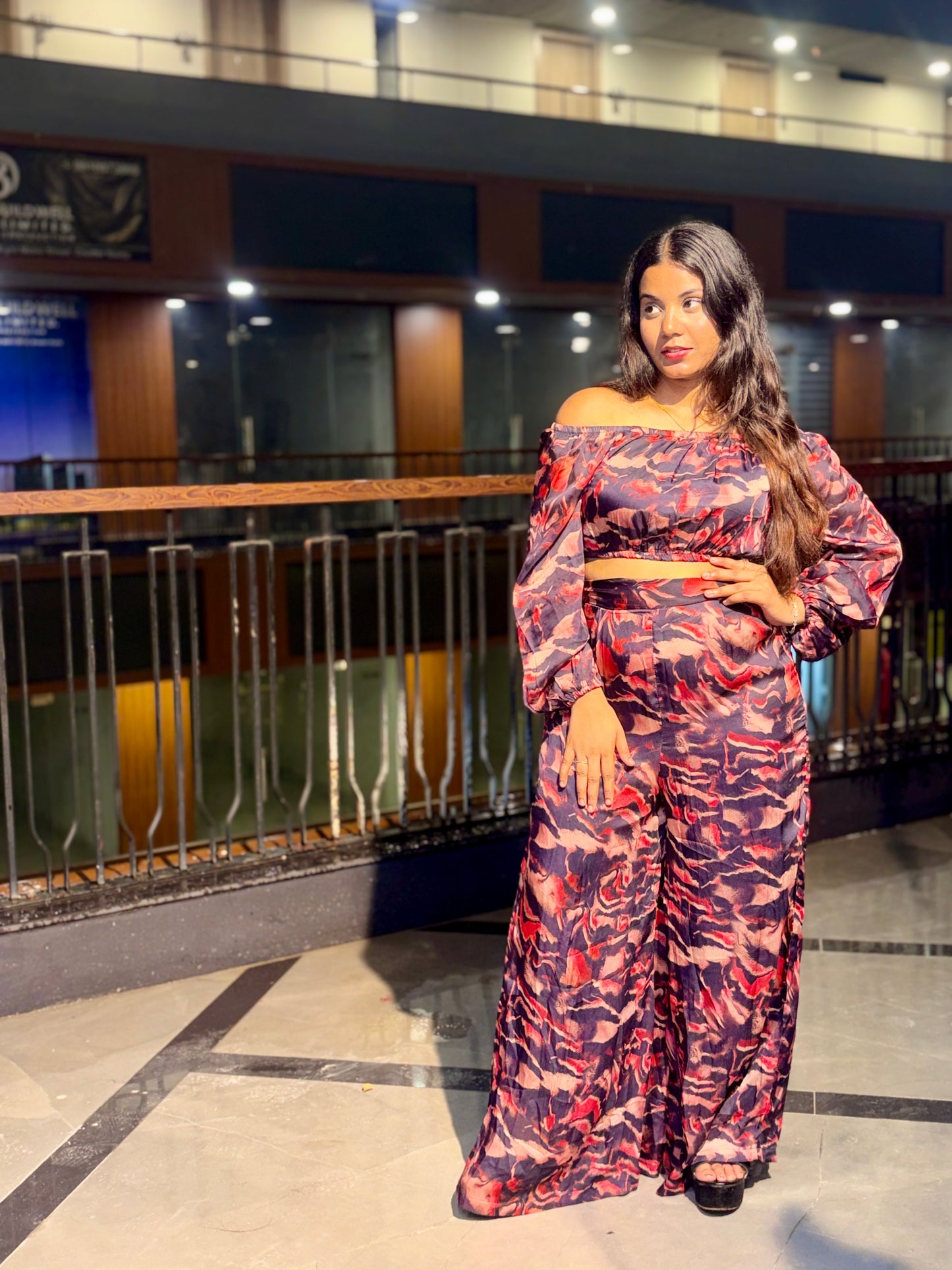 Luxe Sunset Off-Shoulder Printed Co-Ord Set