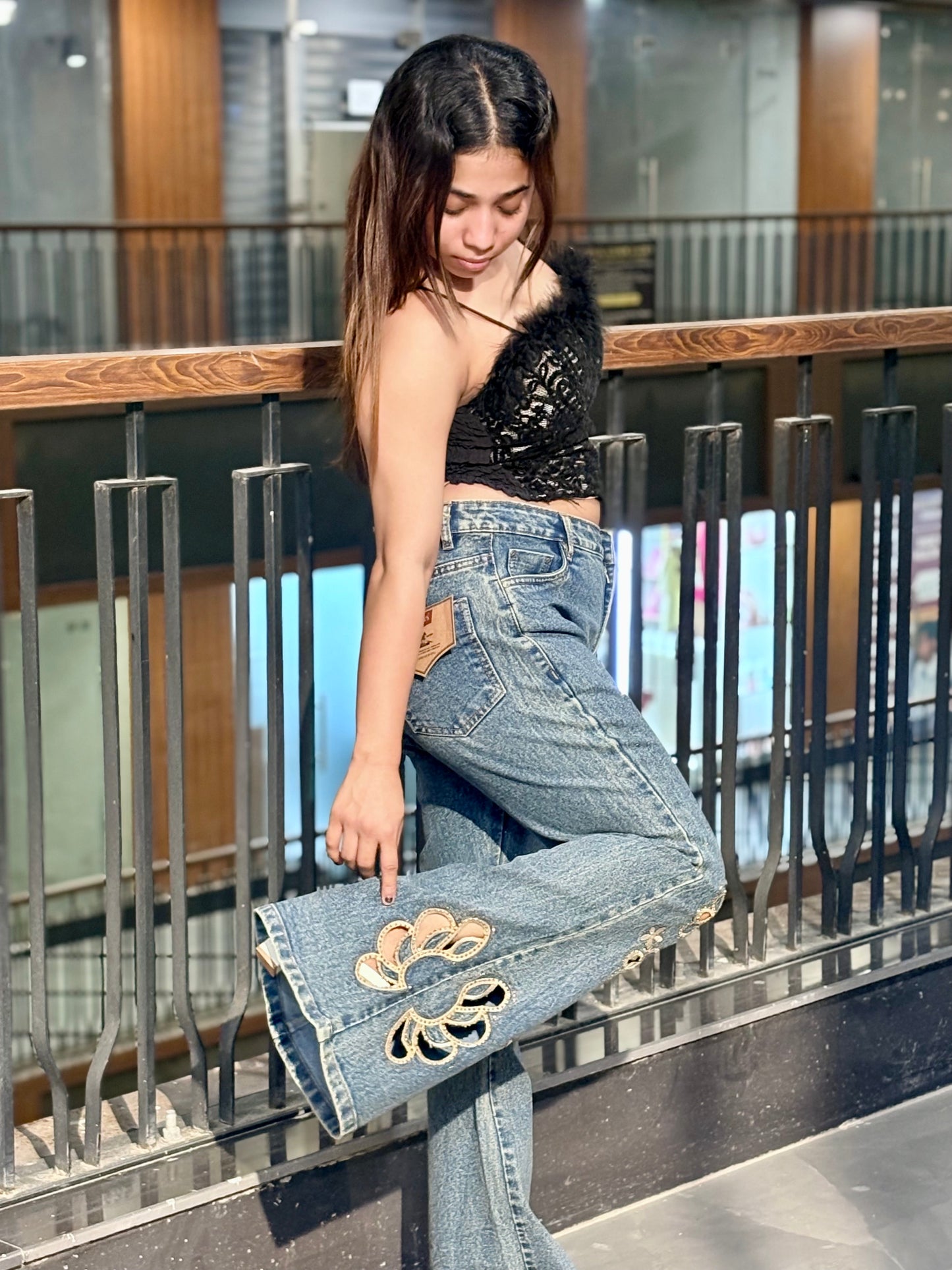 Luxe Black Feather Lace Top & Floral Denim Combo