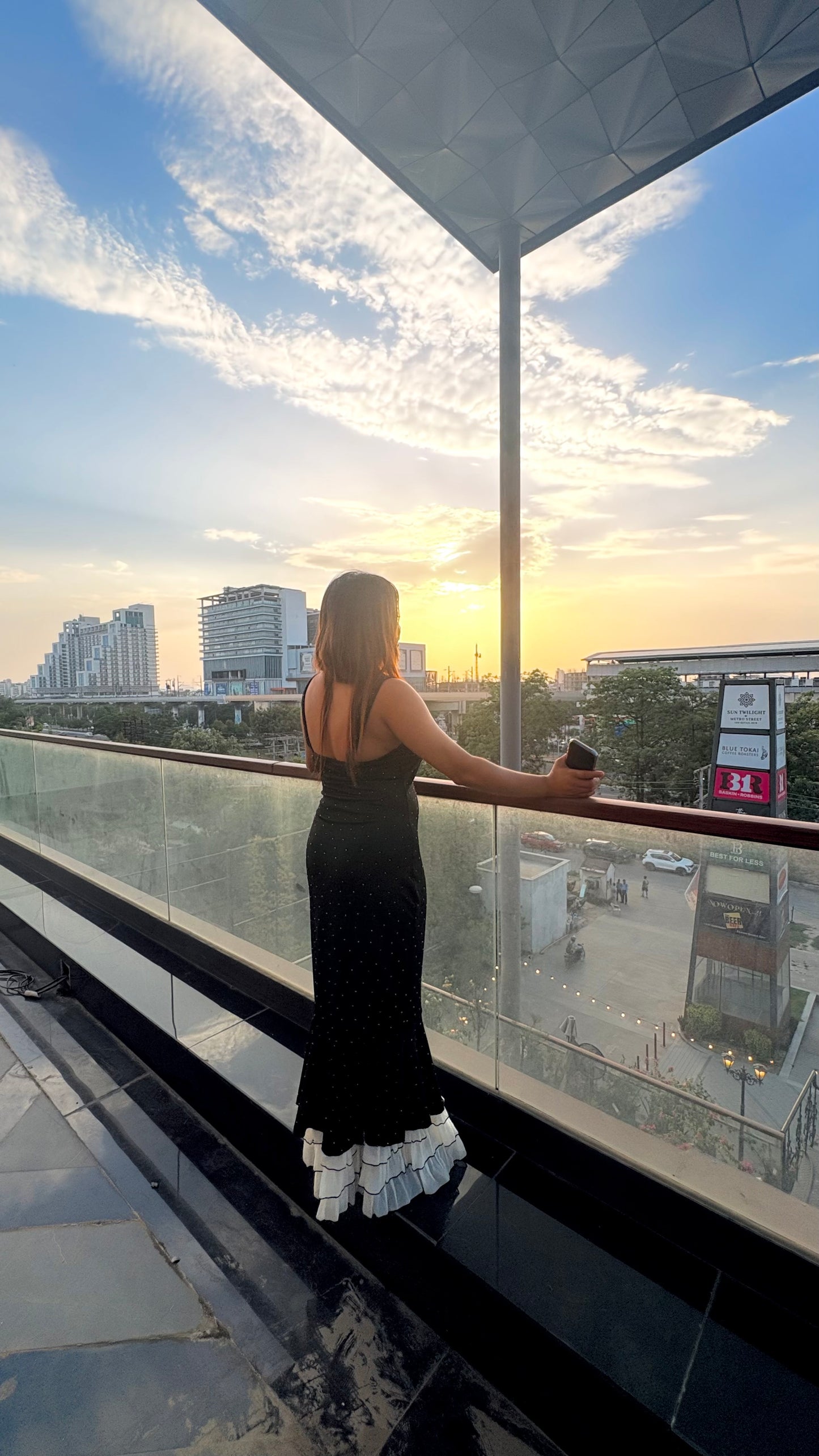 Luxe Noir Rhinestone Ruffle Maxi Dress