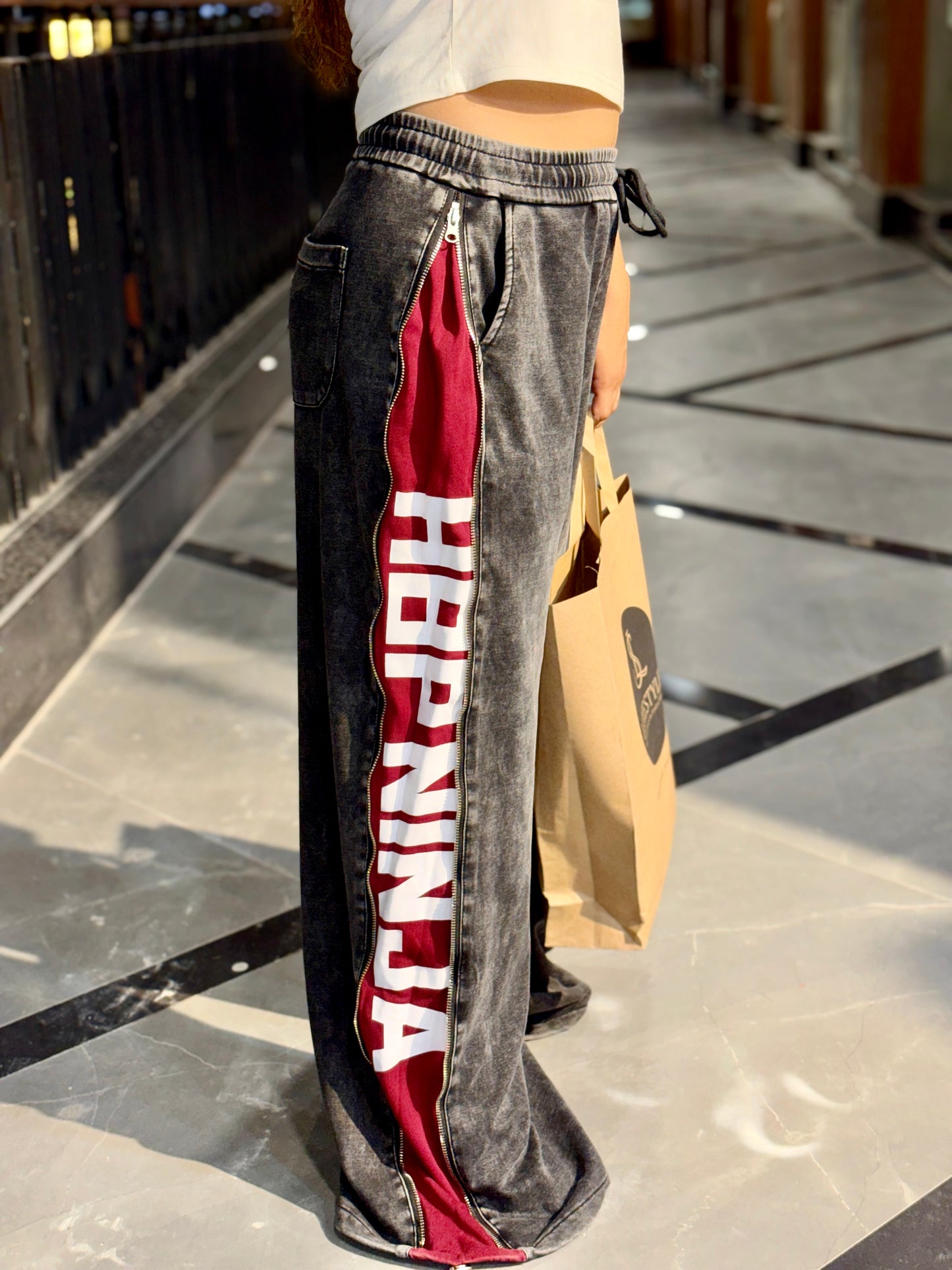 Washed Wide Leg Side Zip Track Pants – Hidden Burgundy Panel
