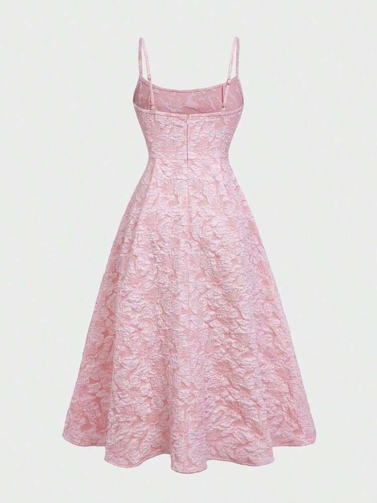 Pink Floral Textured Midi Dress with Side Cut-Outs