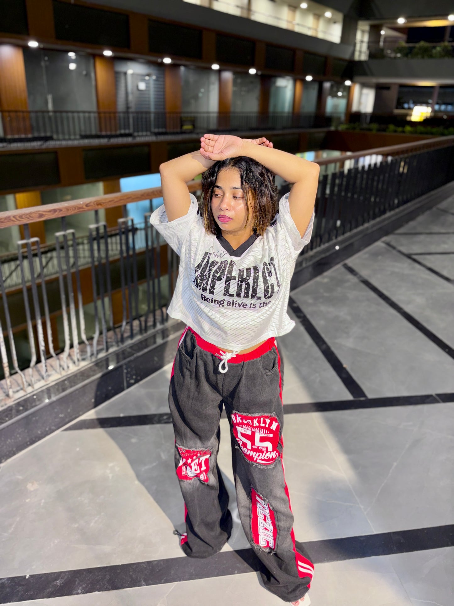 Premium Washed Patchwork Wide Leg Streetwear Pants – Red Contrast Edition