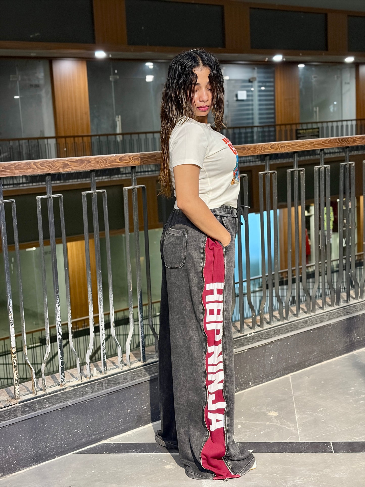 Washed Wide Leg Side Zip Track Pants – Hidden Burgundy Panel