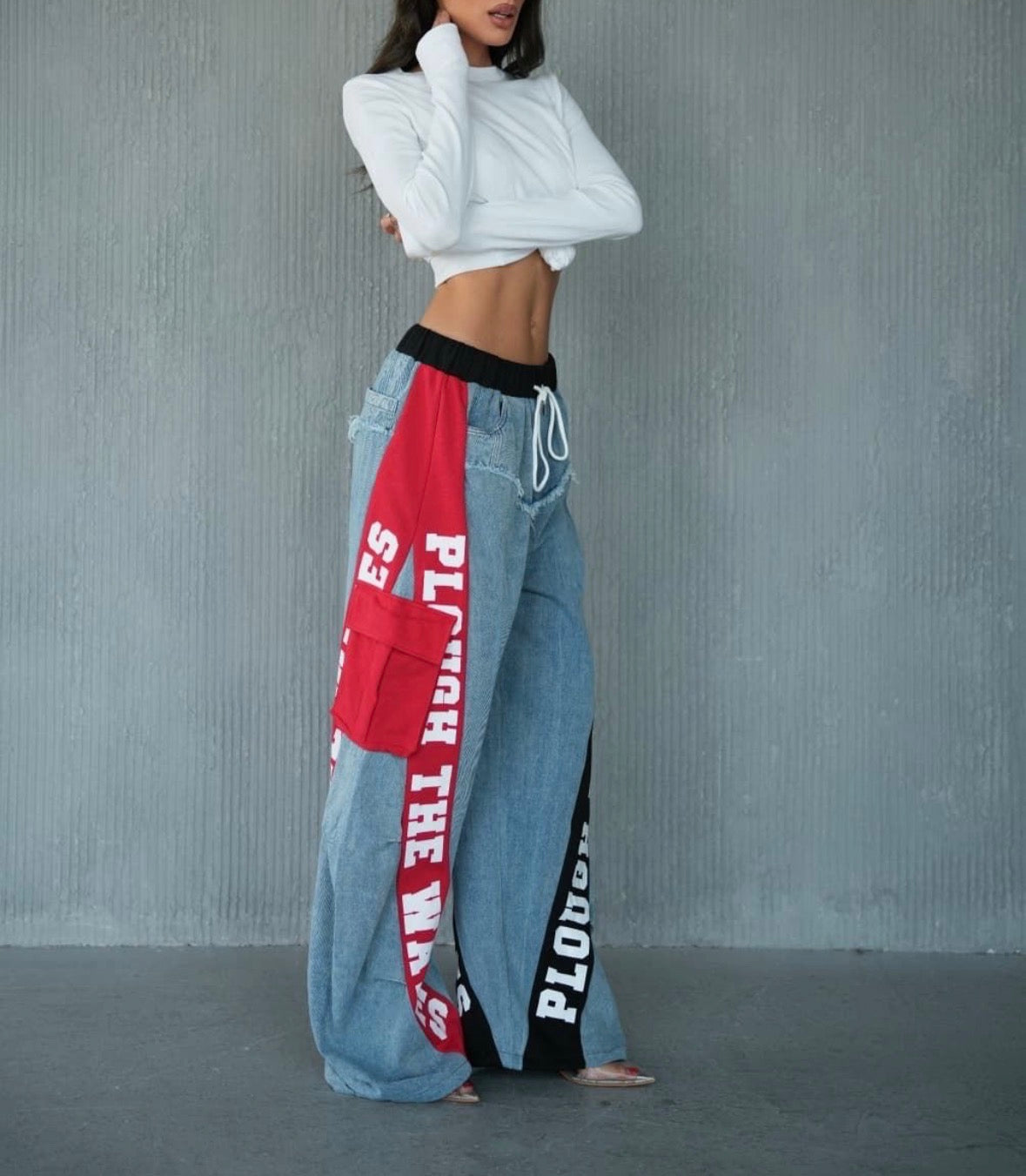 Premium Denim Panel Wide Leg Cargo Pants – Red & Black Contrast Edition