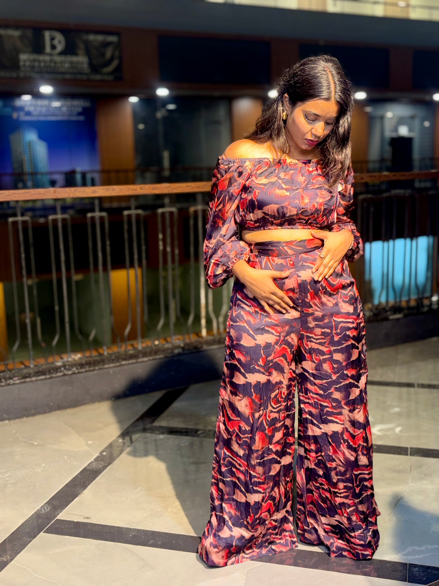 Luxe Sunset Off-Shoulder Printed Co-Ord Set