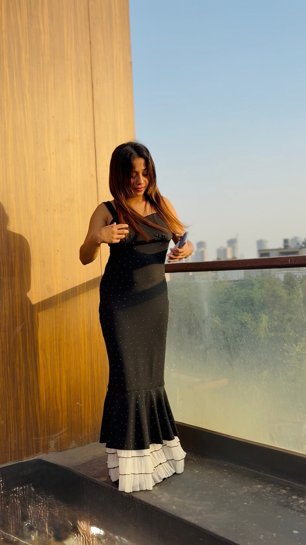 Luxe Noir Rhinestone Ruffle Maxi Dress