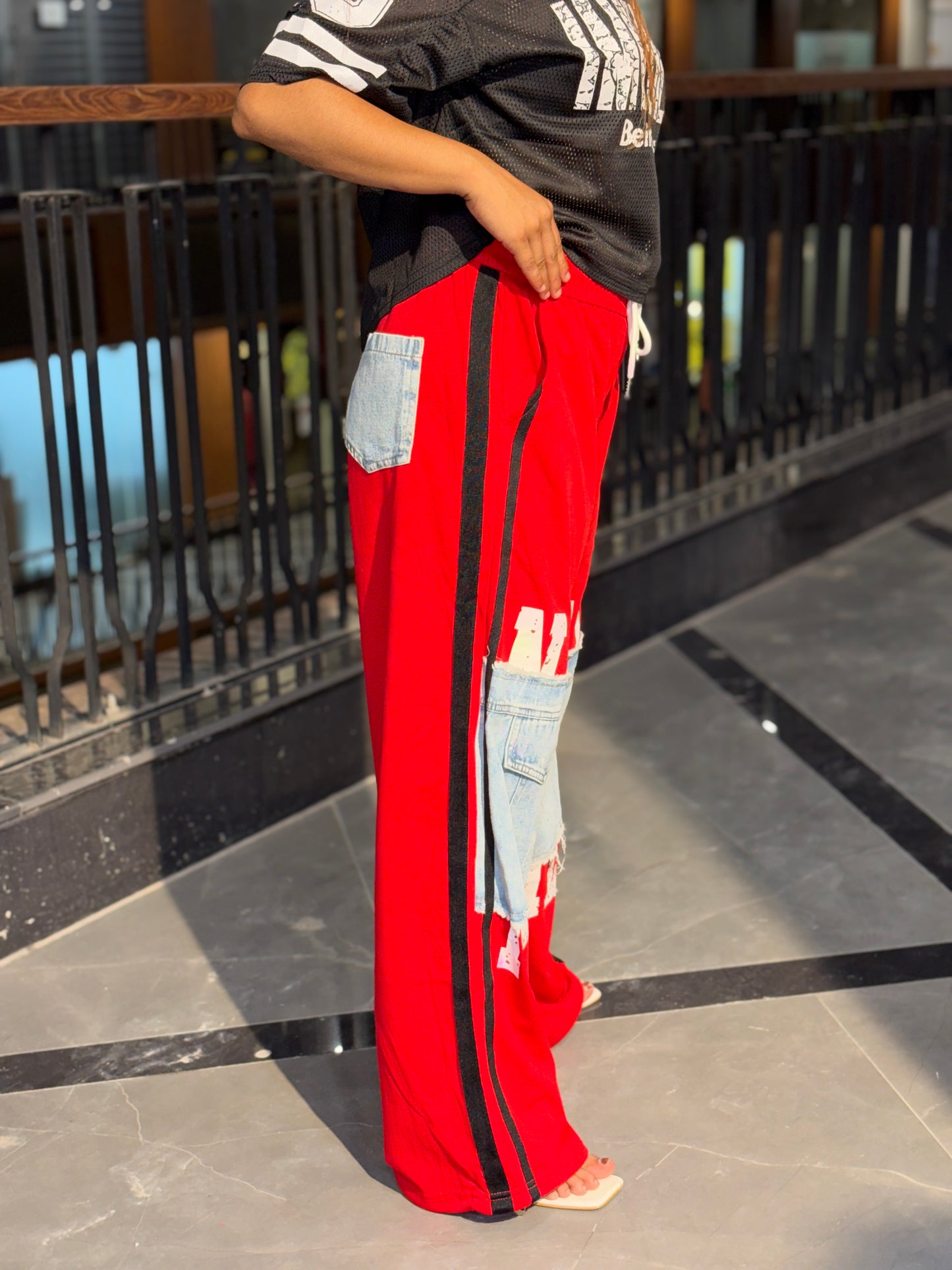 Luxe Patchwork Wide Leg Funky Track Pants – Red