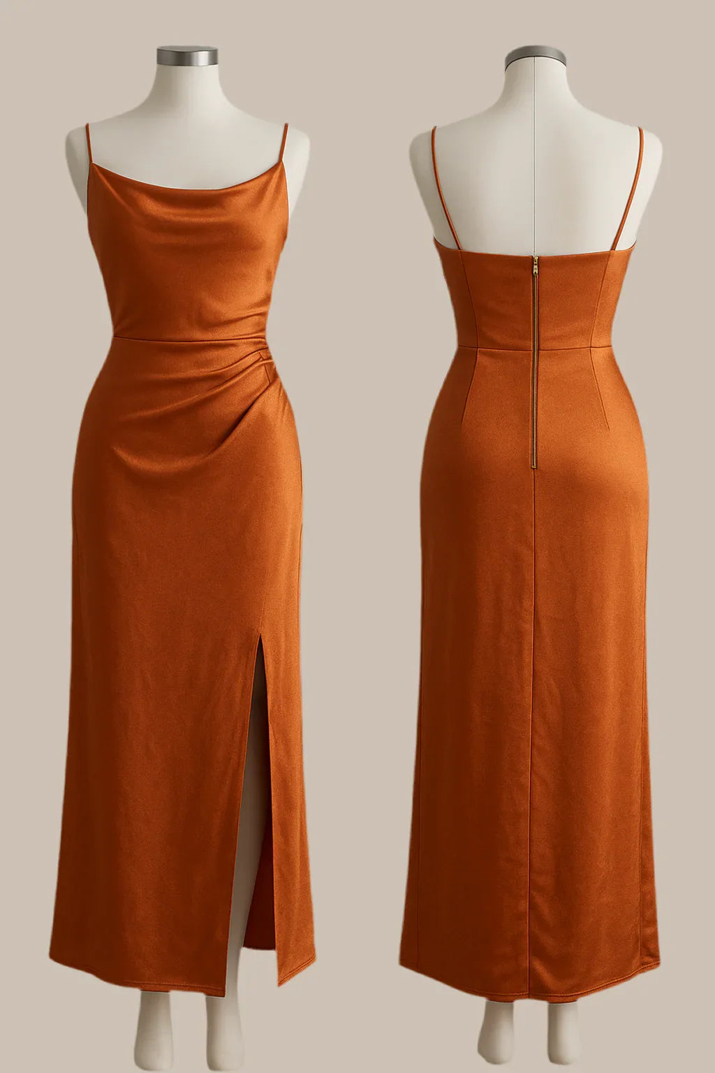 Burnt Orange Satin Side Slit Midi Dress - Luxestyle