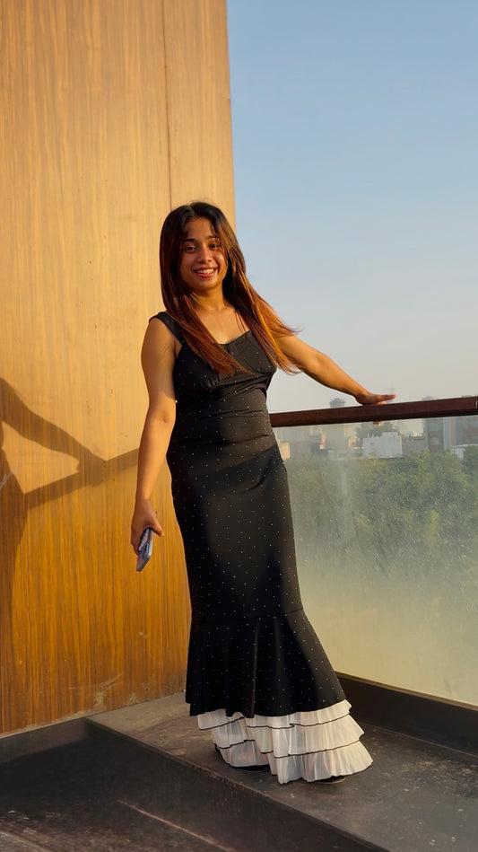 Luxe Noir Rhinestone Ruffle Maxi Dress