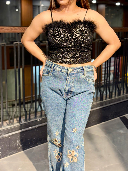 Luxe Black Feather Lace Top & Floral Denim Combo