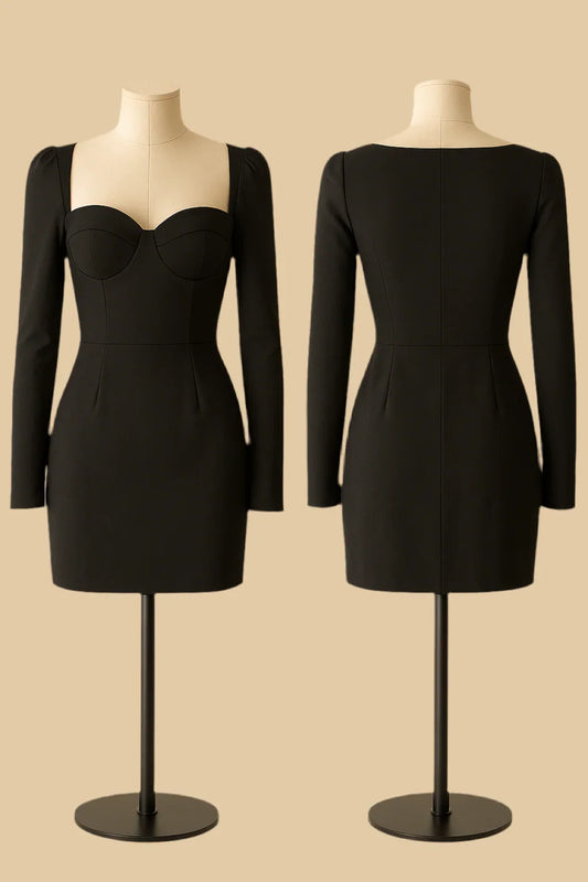 Elegant Black Long Sleeves Mini Dress - Luxestyle