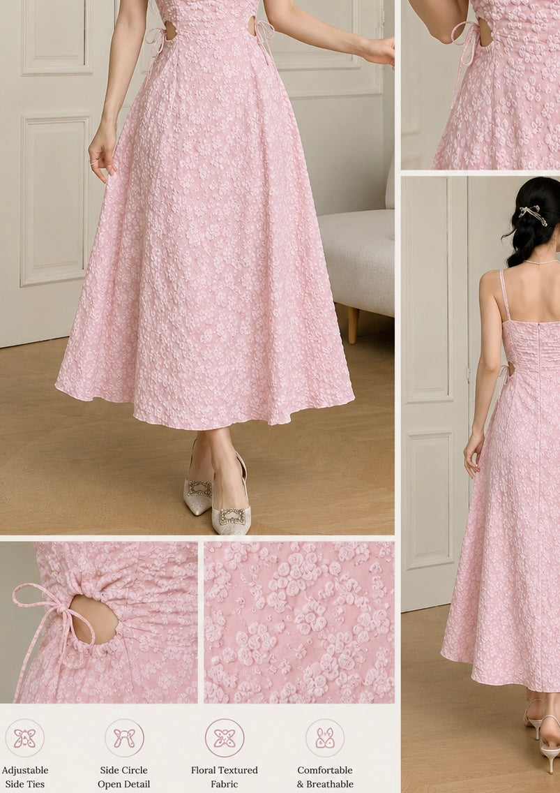Pink Floral Textured Midi Dress with Side Cut-Outs