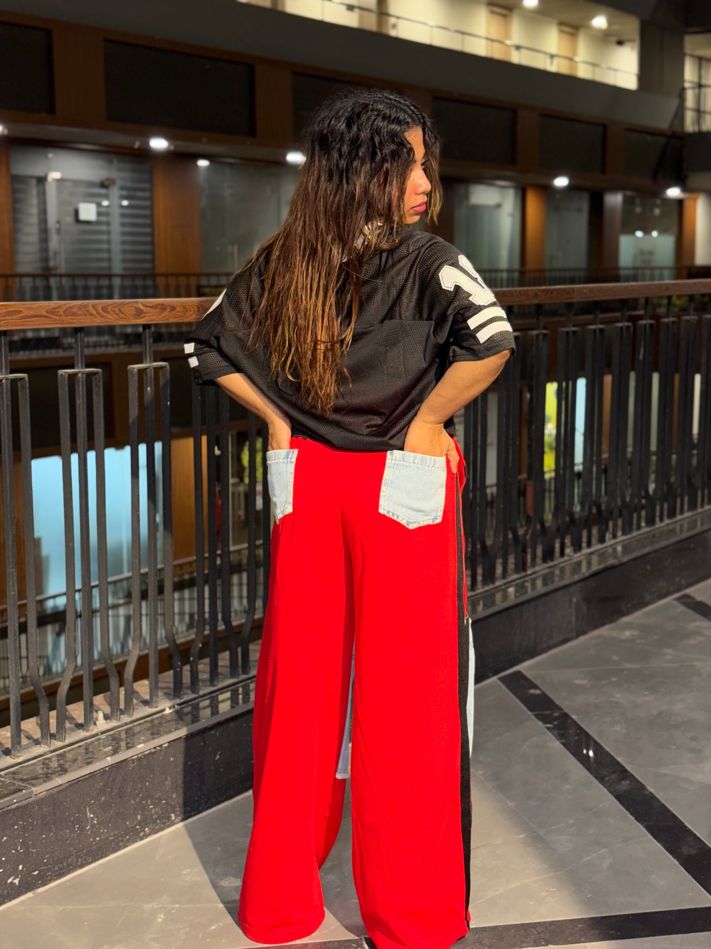 Luxe Patchwork Wide Leg Funky Track Pants – Red