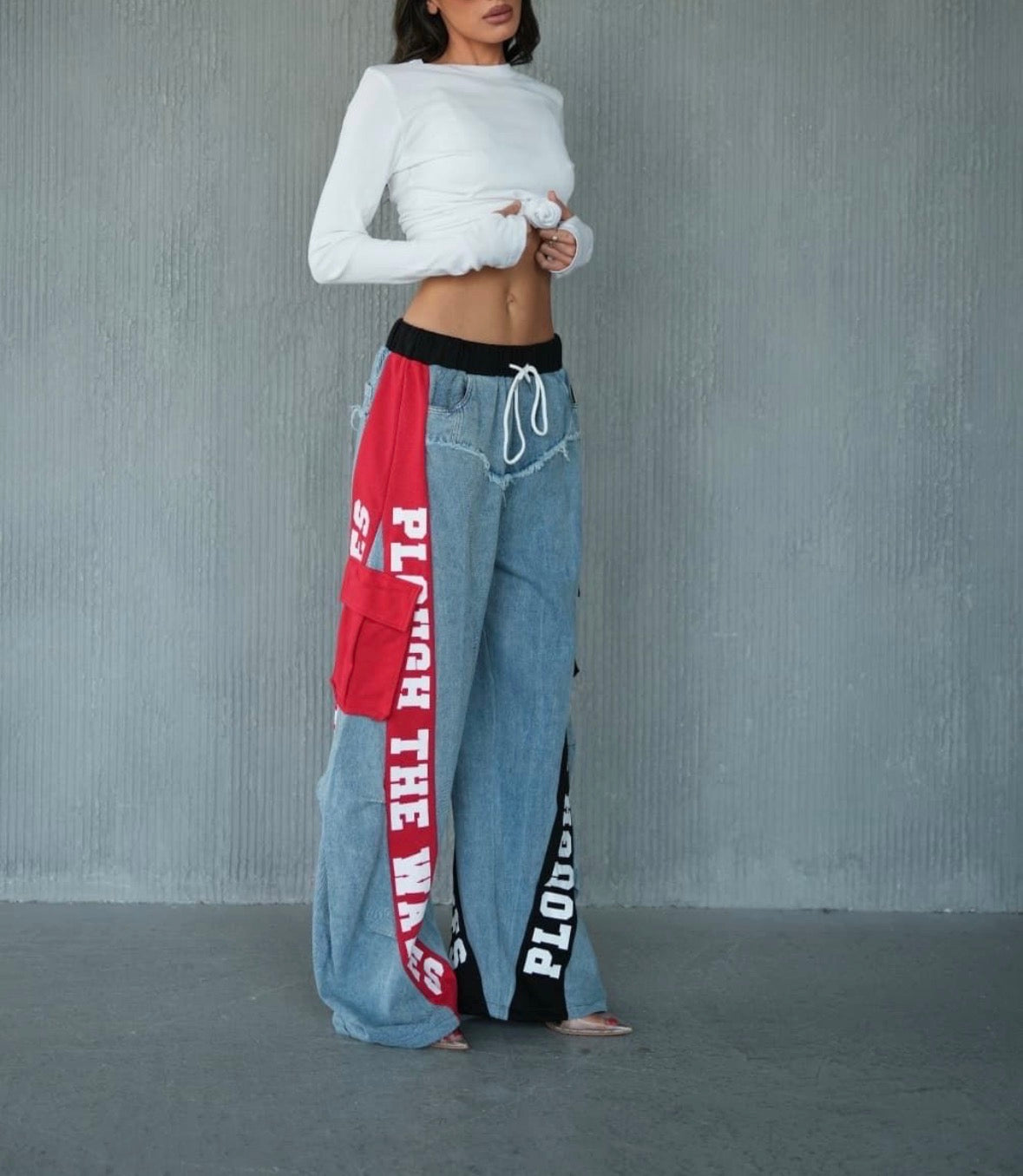 Premium Denim Panel Wide Leg Cargo Pants – Red & Black Contrast Edition