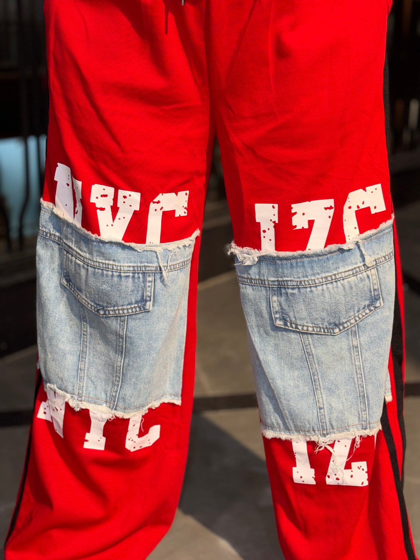 Luxe Patchwork Wide Leg Funky Track Pants – Red