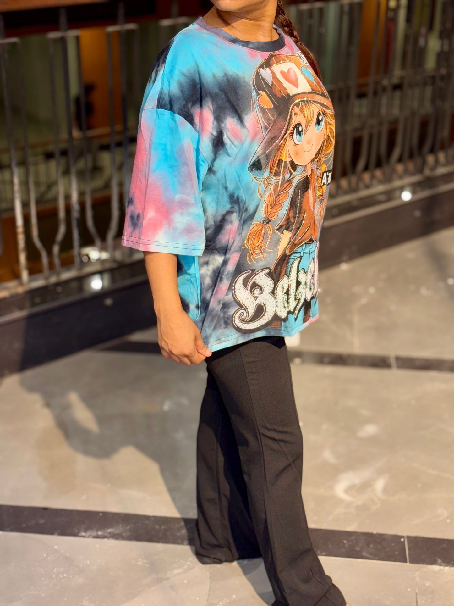Luxe Cartoon Oversized Graphic Tee – Blue