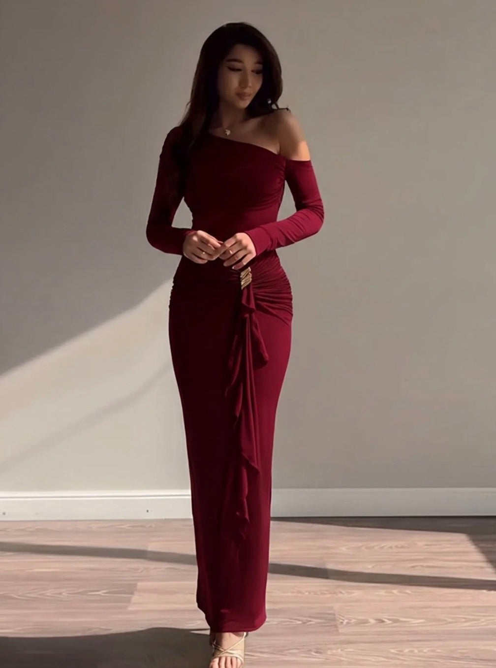 Burgundy Asymmetric Luxe Dress
