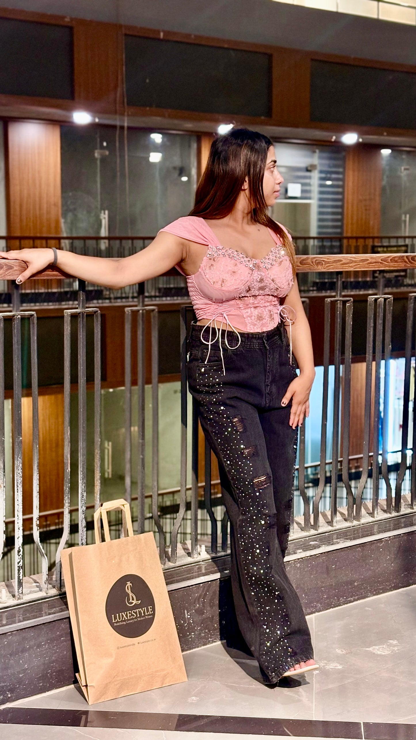 Luxe Blush Corset & Black Rhinestone Jeans Combo