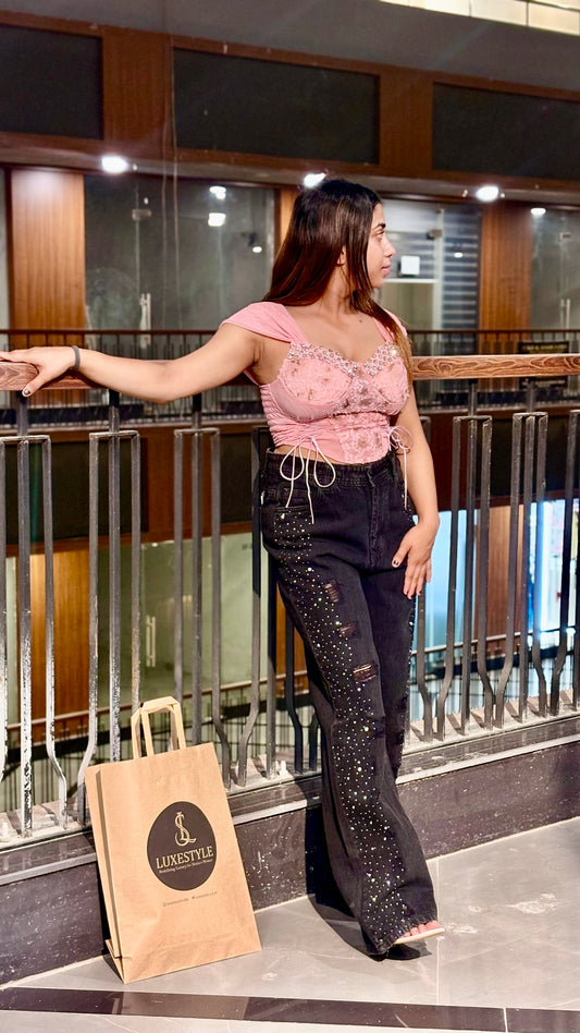 Luxe Blush Corset & Black Rhinestone Jeans Combo