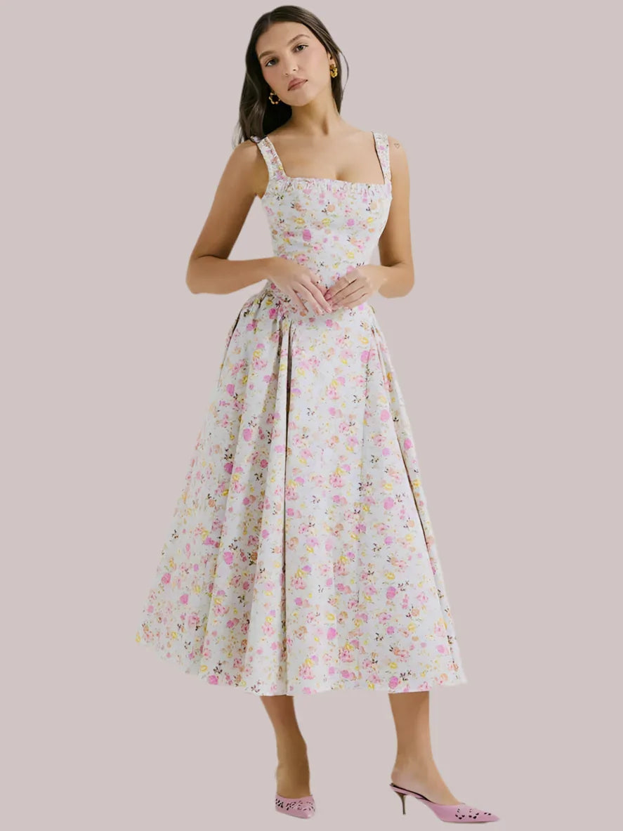 Pastel Floral Square Neck Midi Dress - Luxestyle