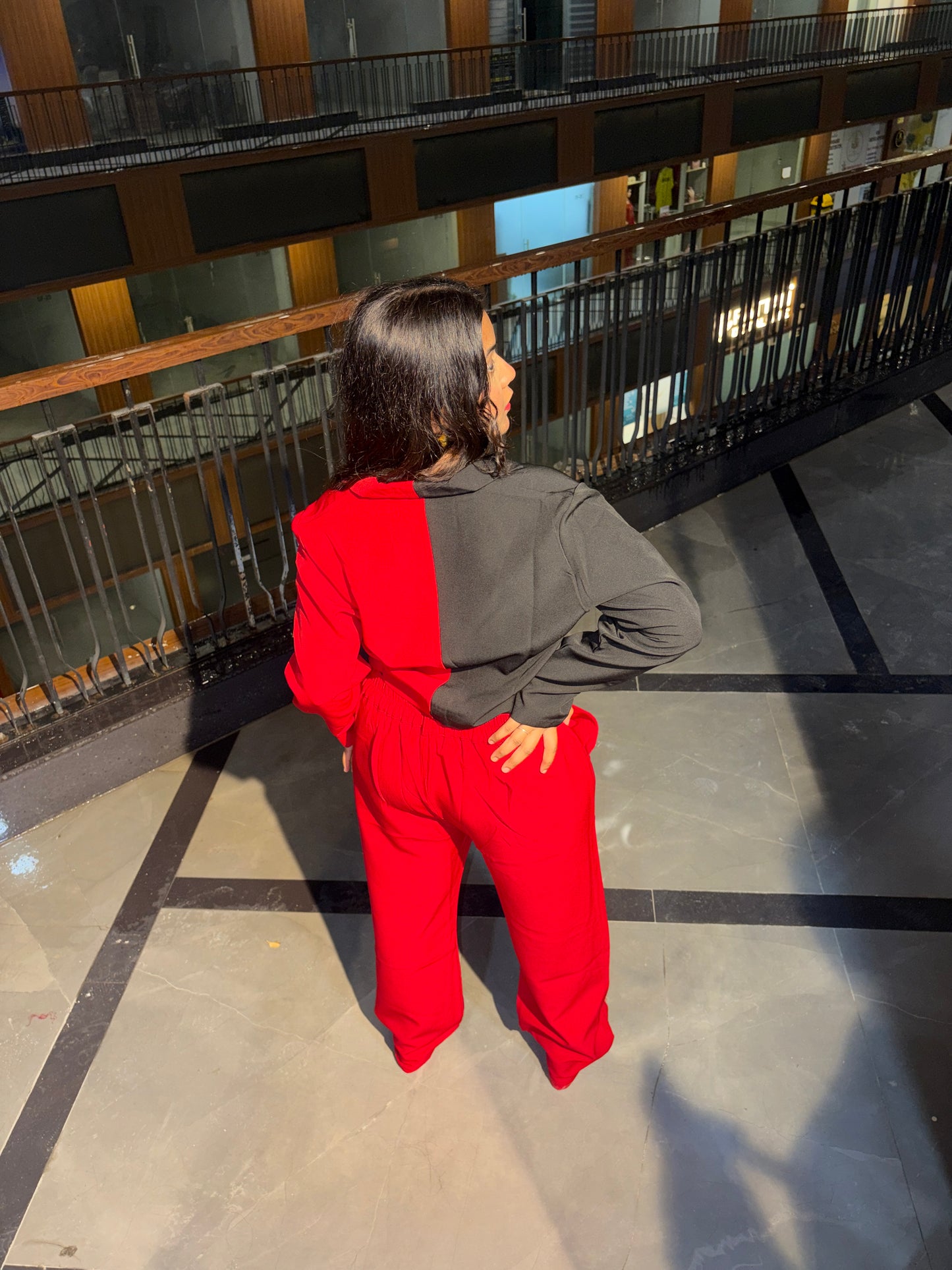 Two-Tone Blazer Top & Red Pants Co-Ord Set