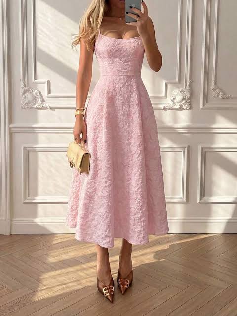 Pink Floral Textured Midi Dress with Side Cut-Outs