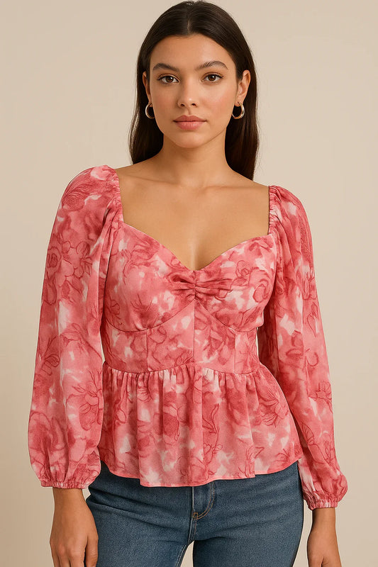Pink Puff Sleeve Floral Top - Luxestyle