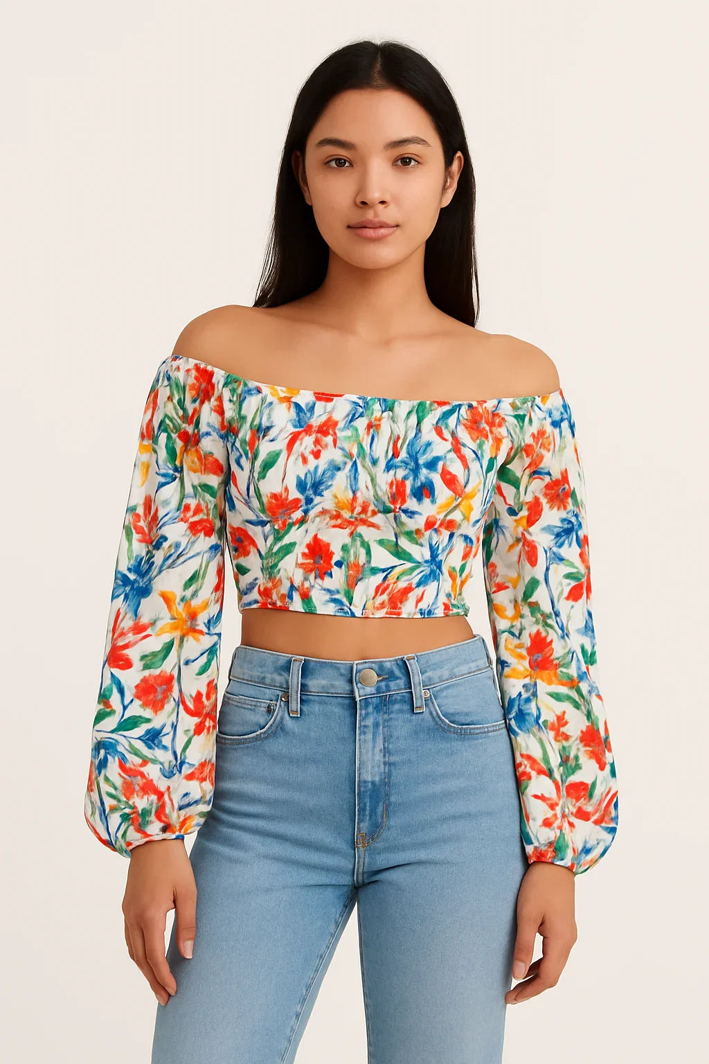 Floral Crop Top with White Lace-Up Back - Luxestyle