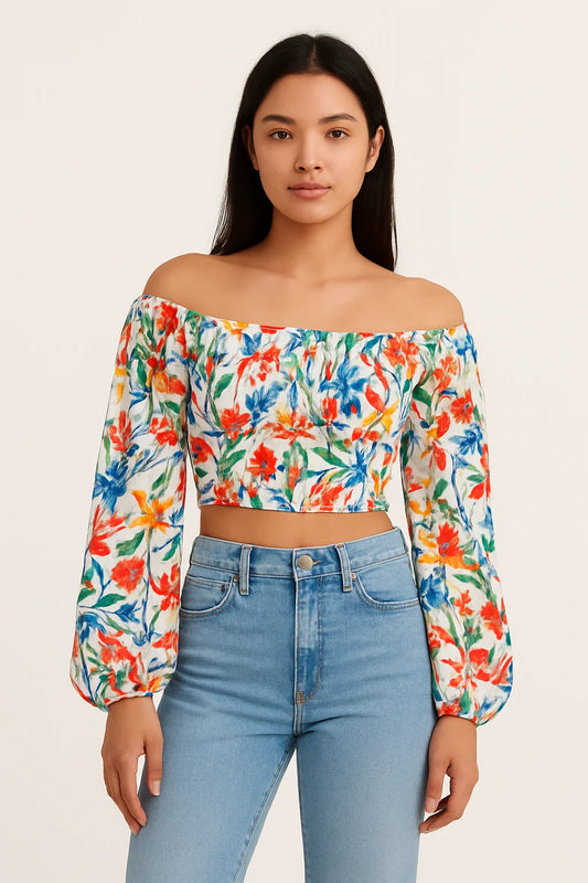 Floral Crop Top with White Lace-Up Back - Luxestyle